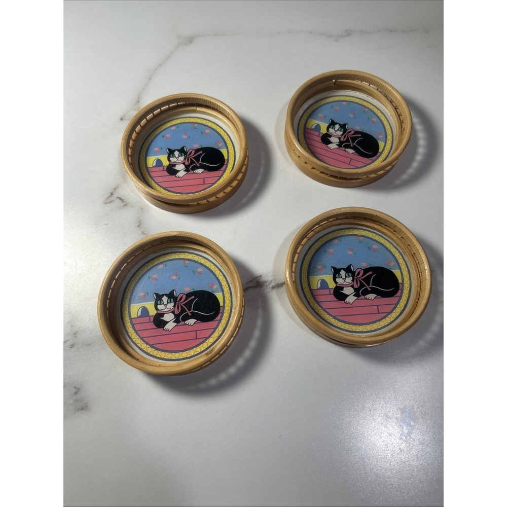 Bamboo Wicker Coasters Cat Theme Plastic Bottom - set of 4